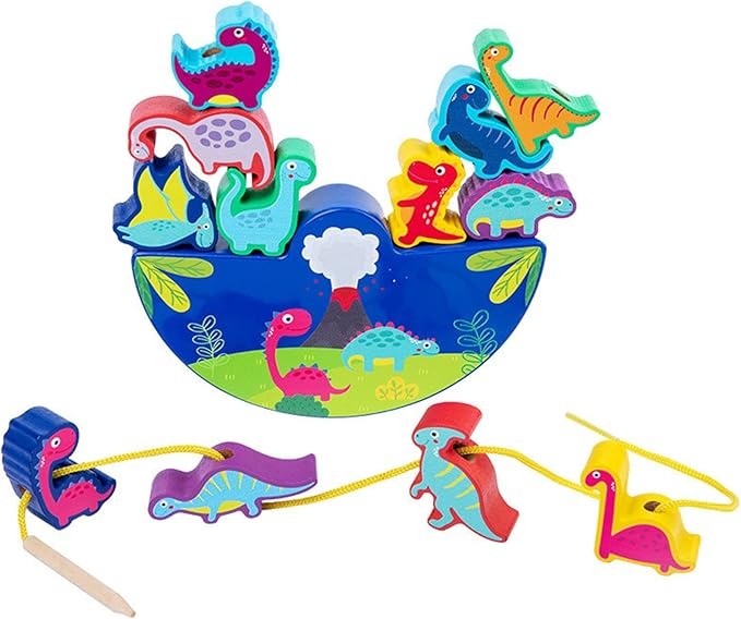 🦖 Dinosaur Wooden Stacking Toy for 3+ Years | Montessori Balance & Threading Game | Motor Skills Learning Gift for Kids