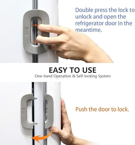 Child Safety Refrigerator Lock - Self Adhesive, Double Safety Button, Easy One-Hand Operation
