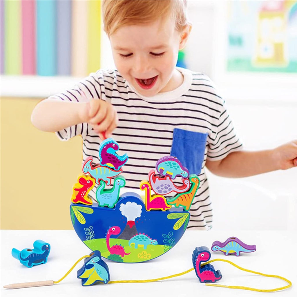 🦖 Dinosaur Wooden Stacking Toy for 3+ Years | Montessori Balance & Threading Game | Motor Skills Learning Gift for Kids