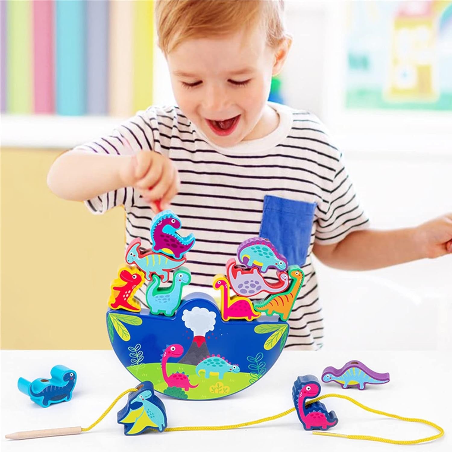 🦖 Dinosaur Wooden Stacking Toy for 3+ Years | Montessori Balance & Threading Game | Motor Skills Learning Gift for Kids