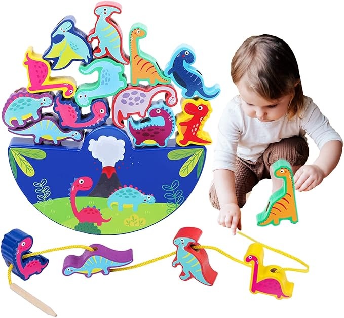 🦖 Dinosaur Wooden Stacking Toy for 3+ Years | Montessori Balance & Threading Game | Motor Skills Learning Gift for Kids